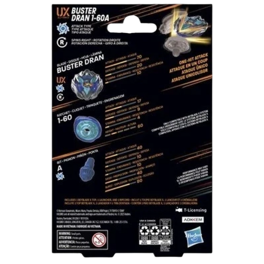 My Store Buster Dran 1-60A Beyblade X starter pack packaging back view showing stats and component details