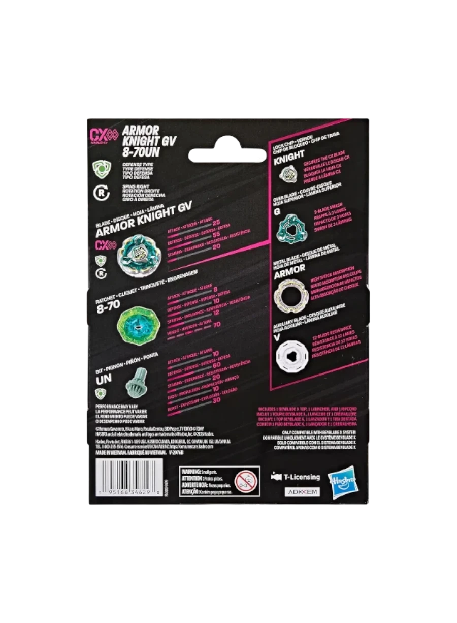 My Store Armor Knight GV 8-70UN Beyblade X starter pack packaging showing the defense type top and included parts