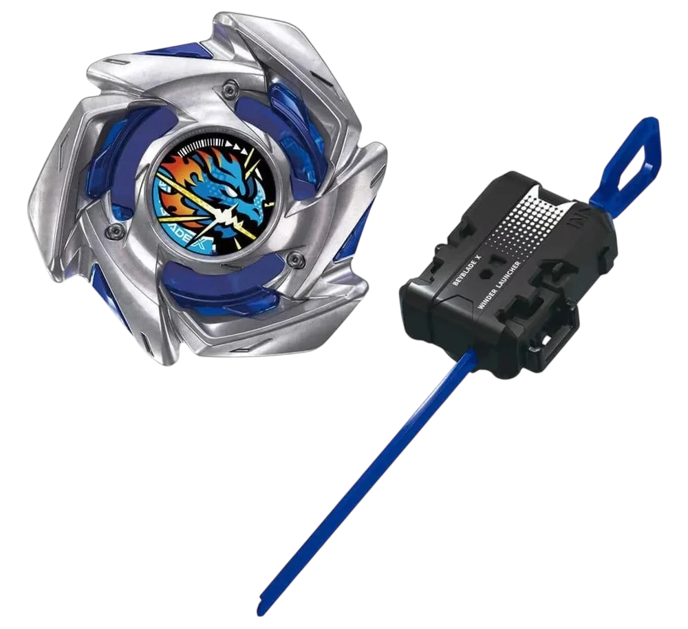 My Store Takara Tomy Beyblade X BX-49 DranStrike 4-50FF starter set with silver and blue blade and winder launcher.