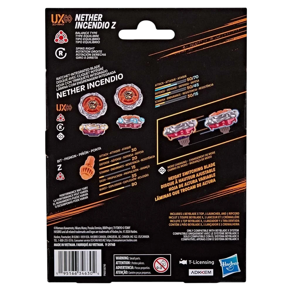 My Store Nether Incendio Z Beyblade X packaging back showing balance type blade, Z bit, and height adjustment stats.