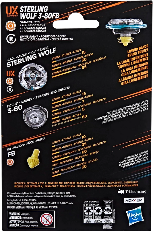 My Store Sterling Wolf 3-80FB Beyblade X stamina top with metal blade, 3-80 ratchet, and Free Ball bit on packaging