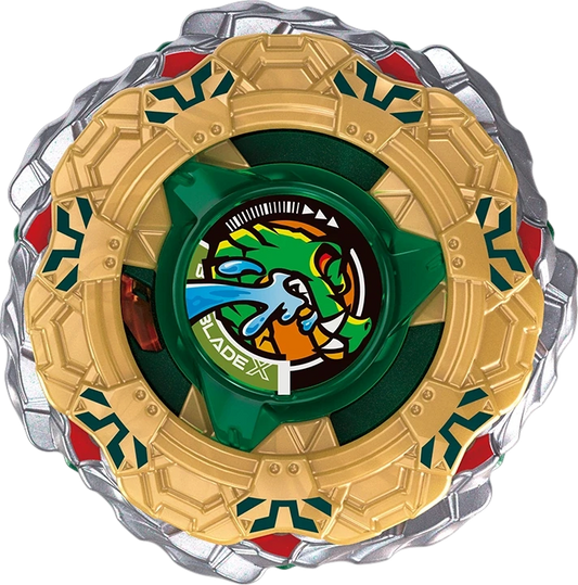 My Store Beyblade X Tread Croc TQ 5-50GN balance type top with gold and green tread-edged blade design