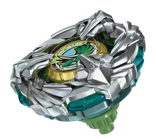My Store BX-44 Tricera Press M-85BS Beyblade X defense top with silver metal blade and green accents