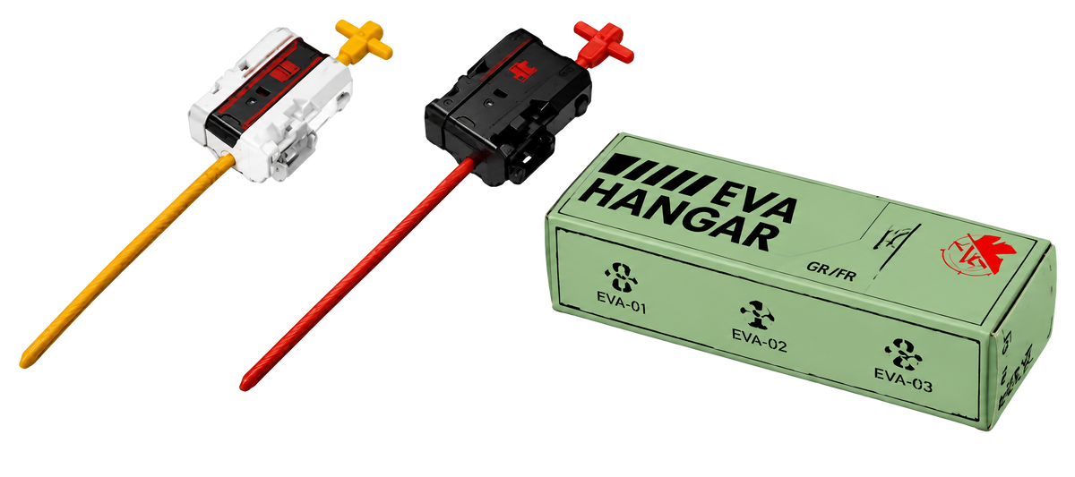 My Store Evangelion winder launcher pair in white and black with a green EVA Hangar storage box for Beyblade