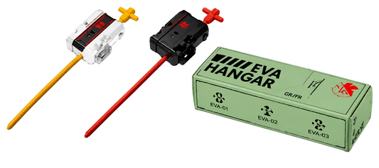 My Store Evangelion winder launcher pair in white and black with a green EVA Hangar storage box for Beyblade