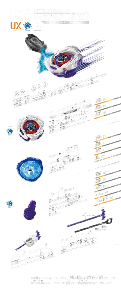 My Store UX-17 Meteor Dragoon 3-70J Beyblade X starter set featuring left-spin attack blade, launcher, and winder.