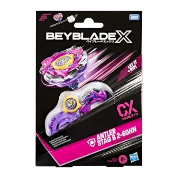 My Store Beyblade X Antler Stag B 2-60HN CX defense type starter pack with purple and yellow components in packaging