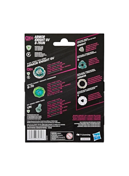 My Store Armor Knight GV 8-70UN Beyblade X starter pack packaging showing the defense type top and included parts