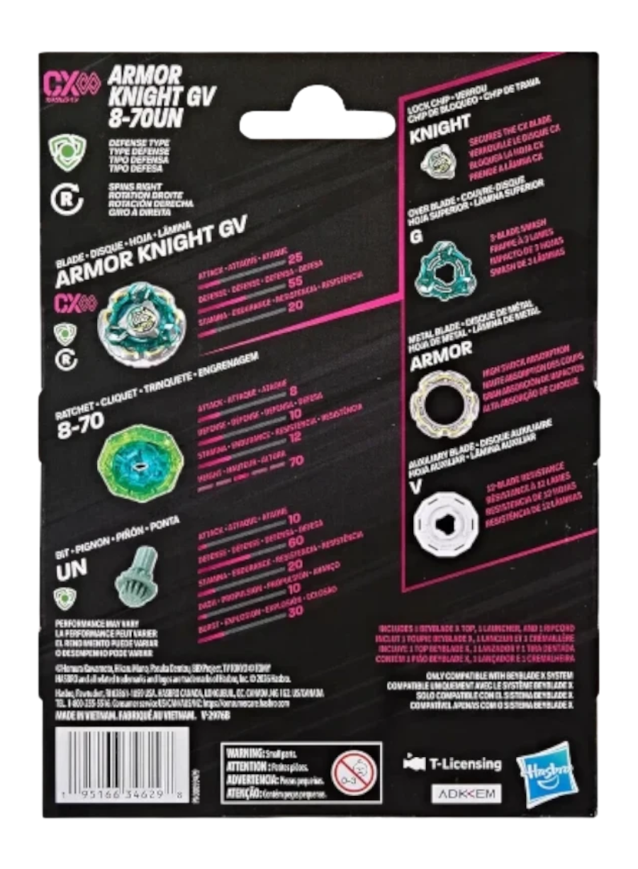 My Store Hasbro Beyblade X Armor Knight GV 8-70UN starter pack packaging back view with component details