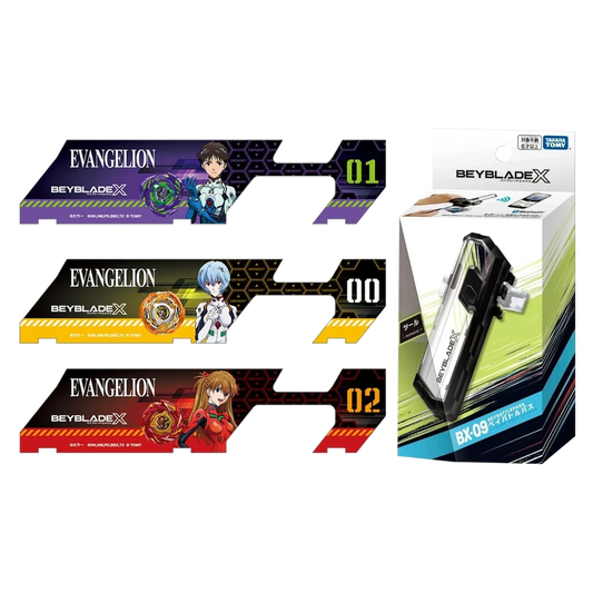My Store BX-09 BeyBattle Pass and Evangelion collaboration sheet set featuring Shinji, Rei, and Asuka character art.