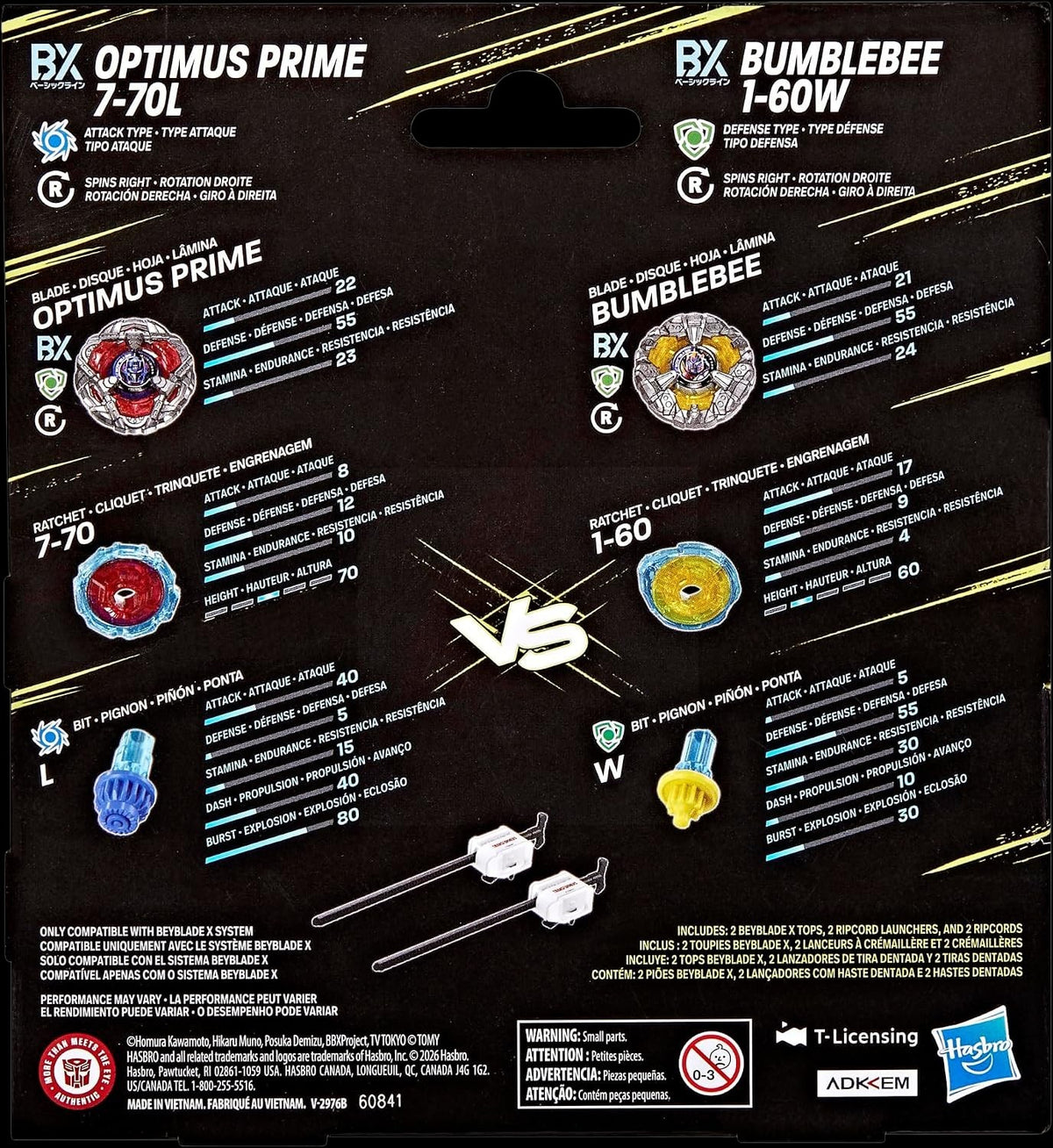 My Store Beyblade X Transformers Optimus Prime and Bumblebee battle set packaging showing top stats and components