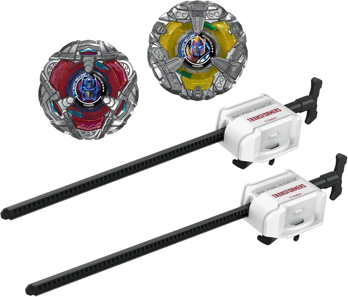 My Store Beyblade X Transformers set featuring Optimus Prime and Bumblebee die-cast metal tops with two launchers.