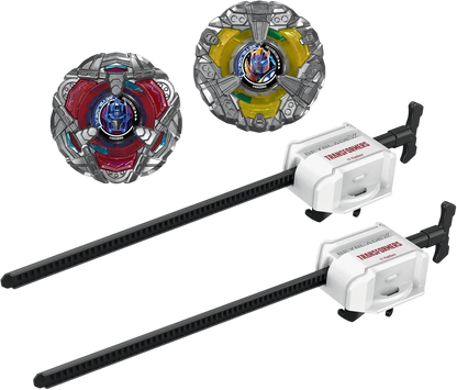 My Store Beyblade X Transformers set featuring Optimus Prime and Bumblebee die-cast metal tops with two launchers.