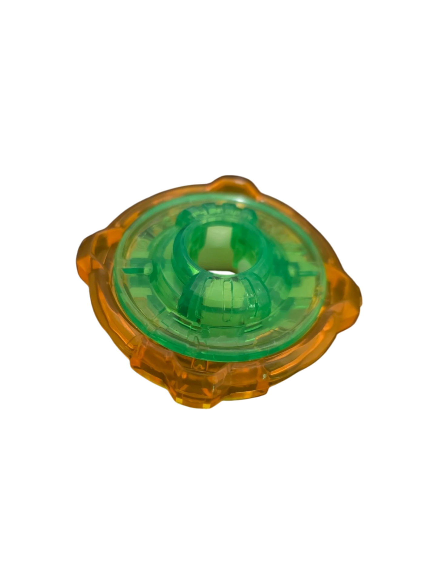 My Store authentic Hasbro Beyblade X 4-60 Ratchet part in translucent green and orange plastic.