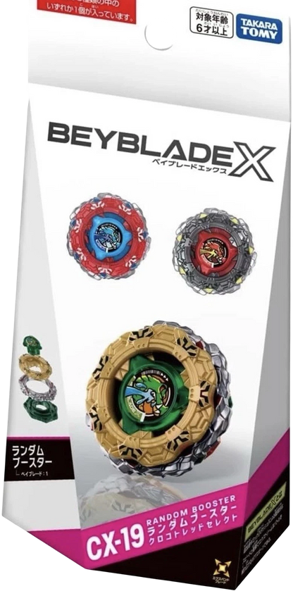 My Store Beyblade X CX-19 Random Booster CrocoTread Select featuring three color variations of the defense type top.