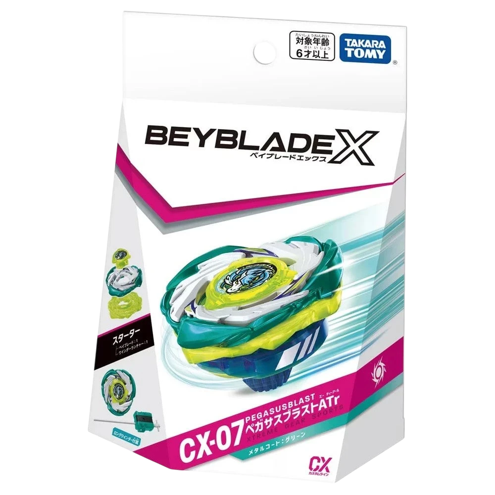 My Store CX-07 Pegasus Blast ATr Beyblade X starter set with green, blue, and yellow colors. Features a three-bladed design and a winder launcher.