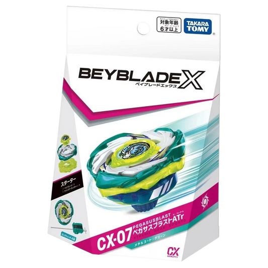 My Store CX-07 Pegasus Blast ATr Beyblade X starter set with green, blue, and yellow colors. Features a three-bladed design and a winder launcher.