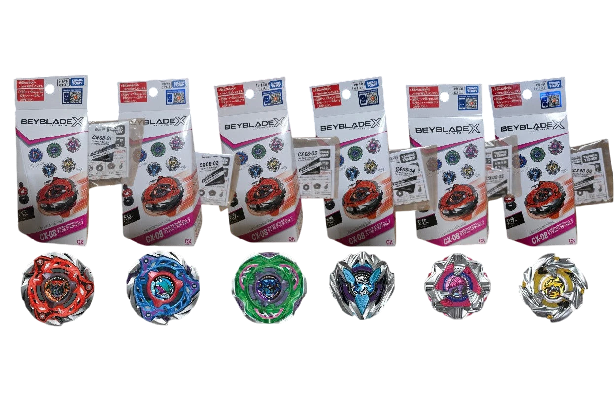 My Store CX-08 Vol 7 Full Set 1-6 Beyblade X collection with 6 unique Beyblades and their boxes.
