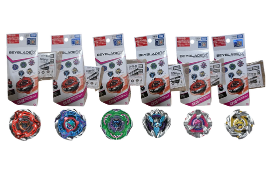 My Store CX-08 Vol 7 Full Set 1-6 Beyblade X collection with 6 unique Beyblades and their boxes.