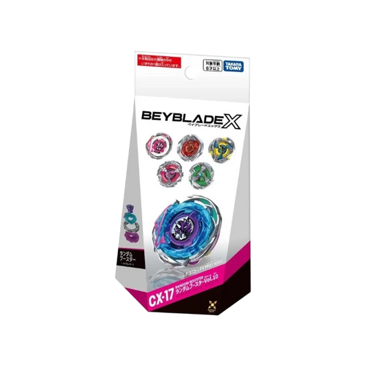 My Store Beyblade X CX-17 Vol. 10 Random Booster sealed box featuring Unicorn Delta and various metal spinning tops.
