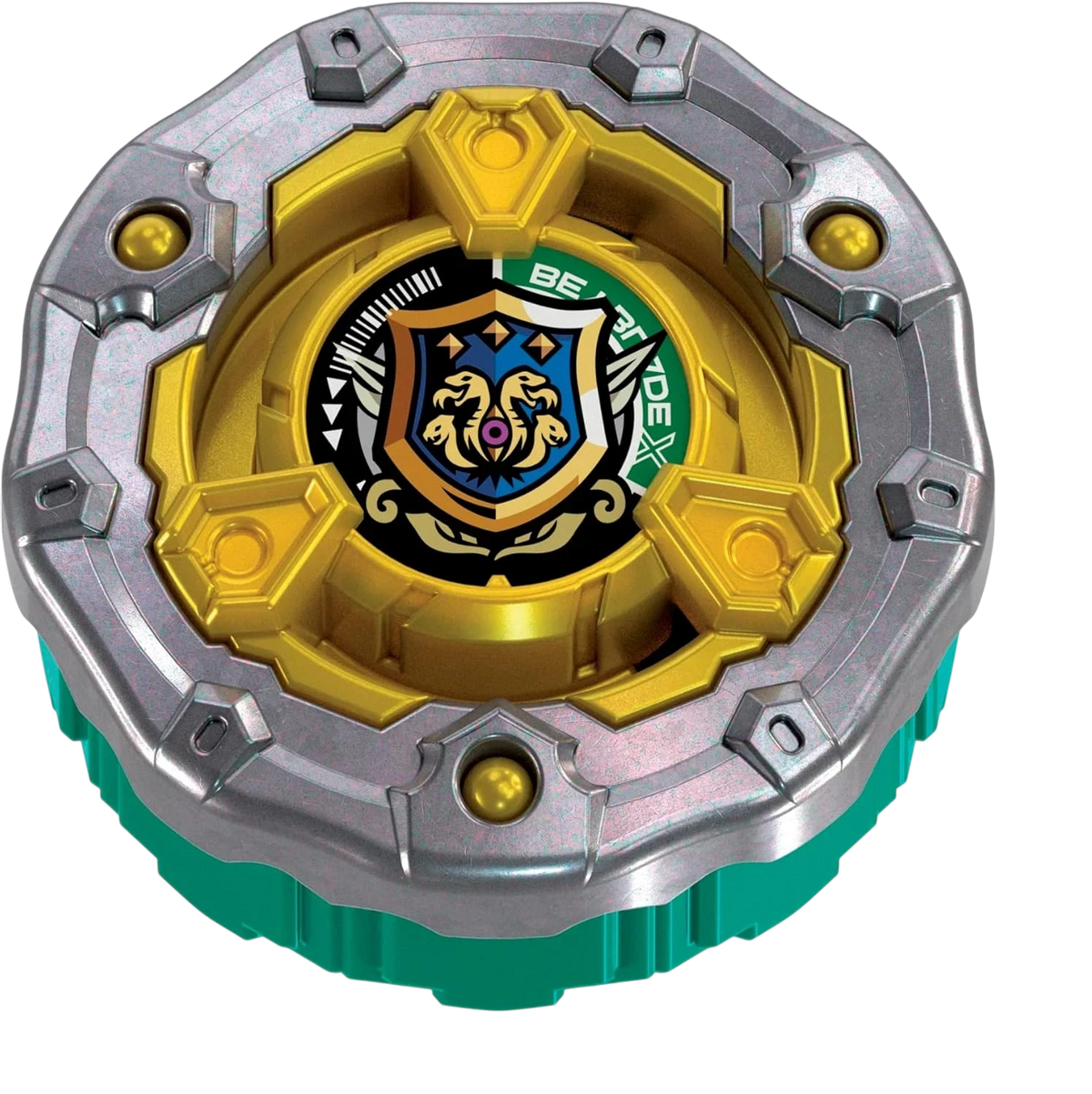 My Store Beyblade X top featuring a gold and silver metallic design with a central shield emblem on a teal base