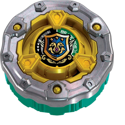 My Store Beyblade X top featuring a gold and silver metallic design with a central shield emblem on a teal base