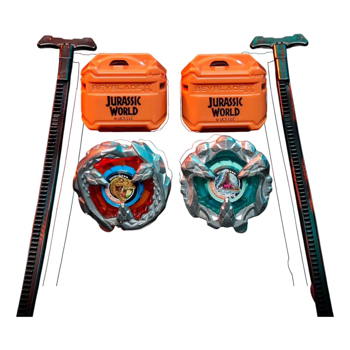My Store Beyblade X Jurassic World T. Rex and Mosasaurus multipack with two metal tops and two black ripcord launchers.