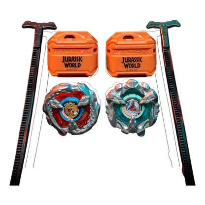 My Store Beyblade X Jurassic World T. Rex and Mosasaurus multipack with two metal tops and two black ripcord launchers.