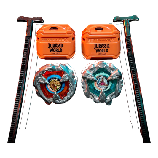 My Store Beyblade X Jurassic World T. Rex and Mosasaurus multipack with two metal tops and two black ripcord launchers.