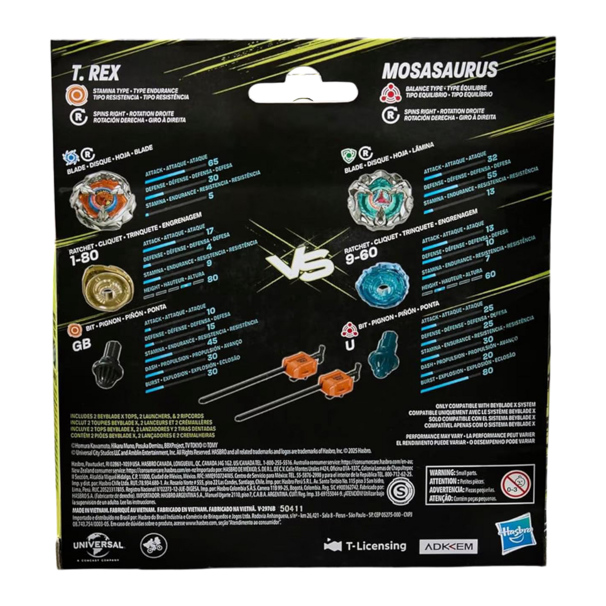 My Store Beyblade X Jurassic World T. Rex vs. Mosasaurus multipack box back showing top stats and components.