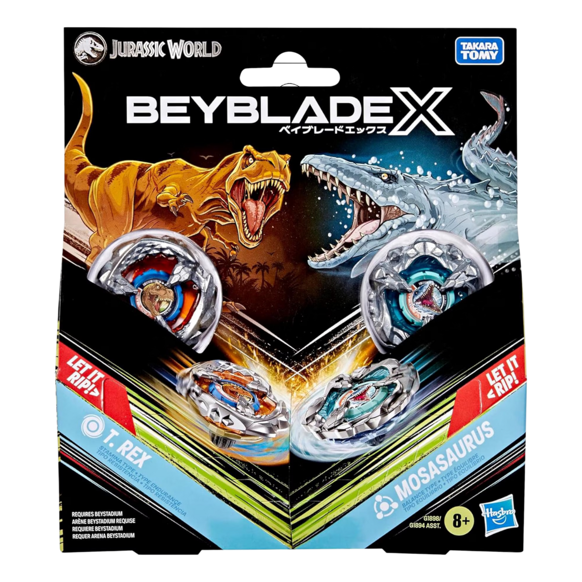 My Store Beyblade X Jurassic World T. Rex vs. Mosasaurus multipack with two metal battle tops and launchers.