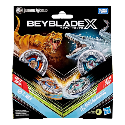 My Store Beyblade X Jurassic World T. Rex vs. Mosasaurus multipack with two metal battle tops and launchers.