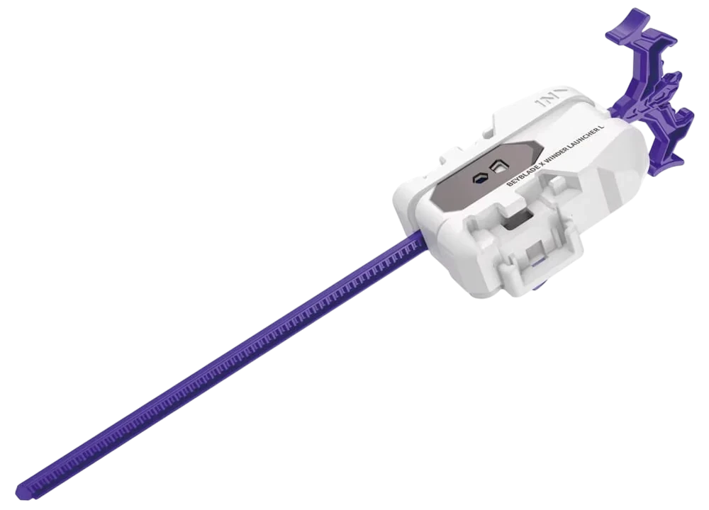 My Store Beyblade X left-spin winder launcher in white with a purple dragon winder and easy-grip handle