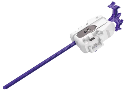 My Store Beyblade X left-spin winder launcher in white with a purple dragon winder and easy-grip handle