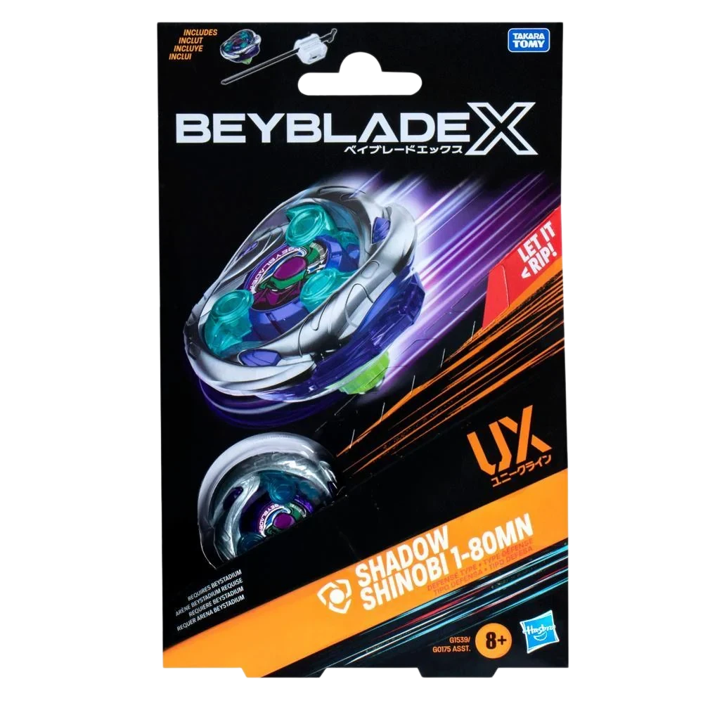 My Store Hasbro Beyblade X Shadow Shinobi 1-80MN UX Series defense type beyblade with blue and purple accents.