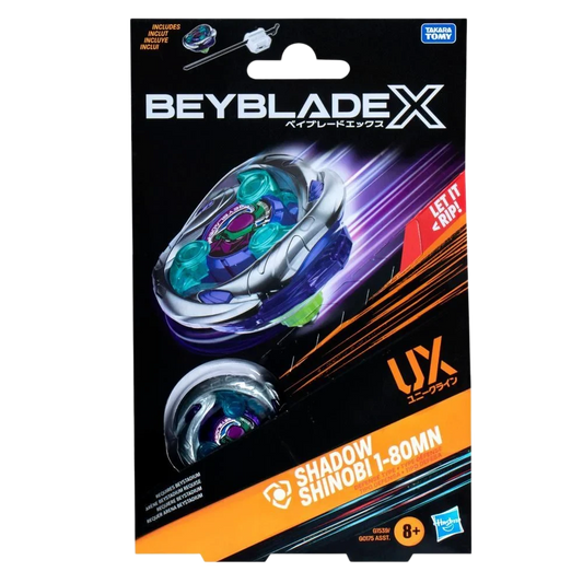 My Store Hasbro Beyblade X Shadow Shinobi 1-80MN UX Series defense type beyblade with blue and purple accents.
