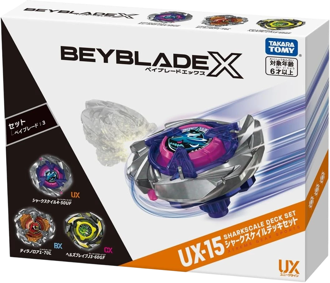 My Store Takara Tomy Beyblade X UX-15 Shark Scale Deck Set featuring three high-performance competitive battle tops
