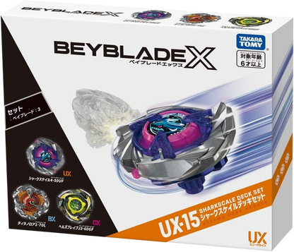 My Store Takara Tomy Beyblade X UX-15 Shark Scale Deck Set featuring three high-performance competitive battle tops