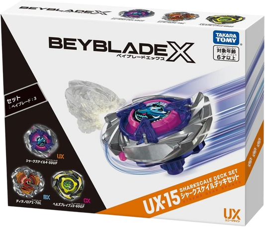 My Store Takara Tomy Beyblade X UX-15 Shark Scale Deck Set featuring three high-performance competitive battle tops