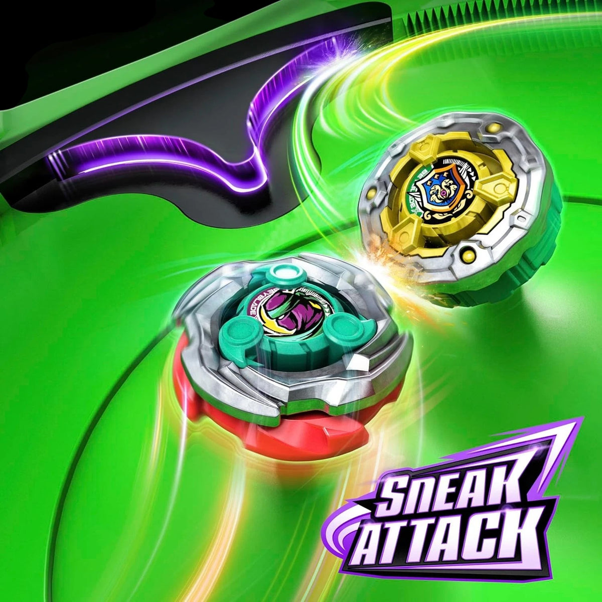 My Store Beyblade X Sneak Attack Stadium with two spinning tops battling on a green arena surface