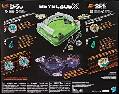 My Store Beyblade X Sneak Attack Stadium packaging showing green arena, two tops, and ambush-style launch zones.