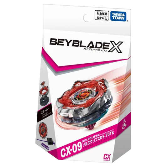 My Store CX-09 Sol Eclipse D5-70TK Beyblade X starter set with red and silver Beyblade and launcher.