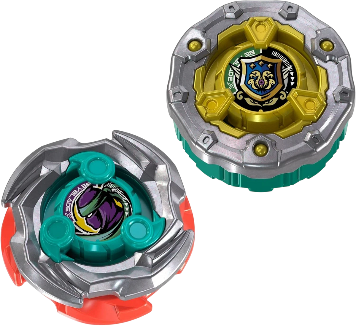 My Store Beyblade X tops featuring a gold and silver shield design and a teal and red ninja-themed spinning top