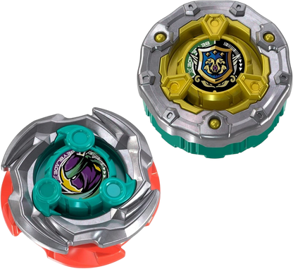 My Store Beyblade X tops featuring a gold and silver shield design and a teal and red ninja-themed spinning top