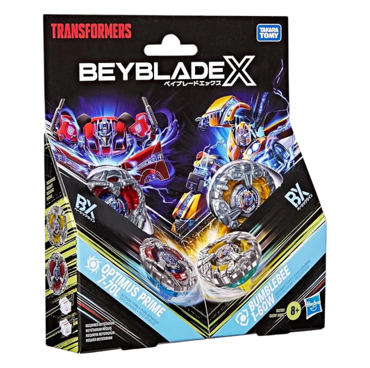 My Store Beyblade X Transformers Optimus Prime and Bumblebee battle set with two die-cast metal tops and launchers