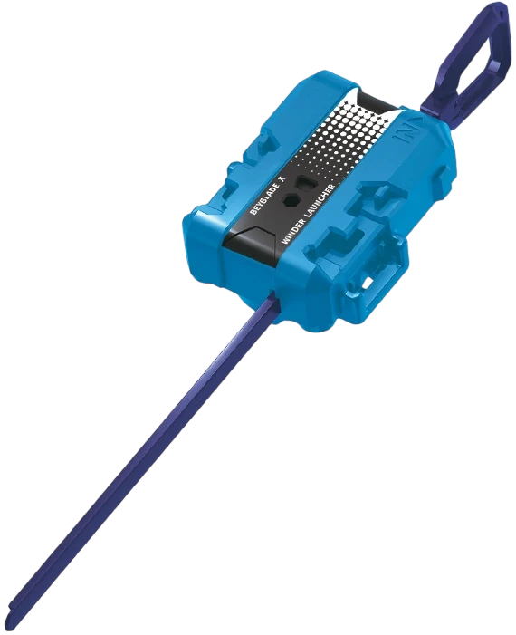My Store blue Beyblade X winder launcher tool with a long purple ripcord for high-speed spinning action