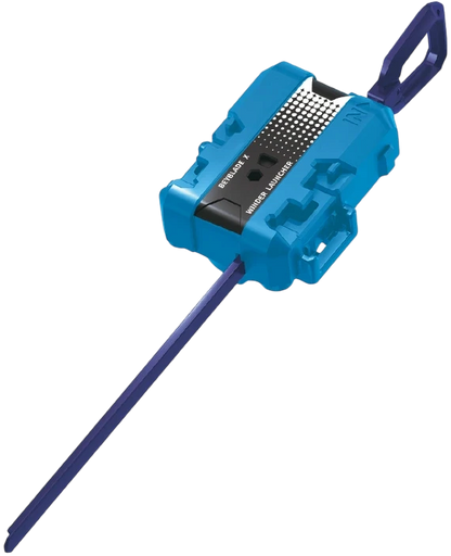 My Store blue Beyblade X winder launcher tool with a long purple ripcord for high-speed spinning action