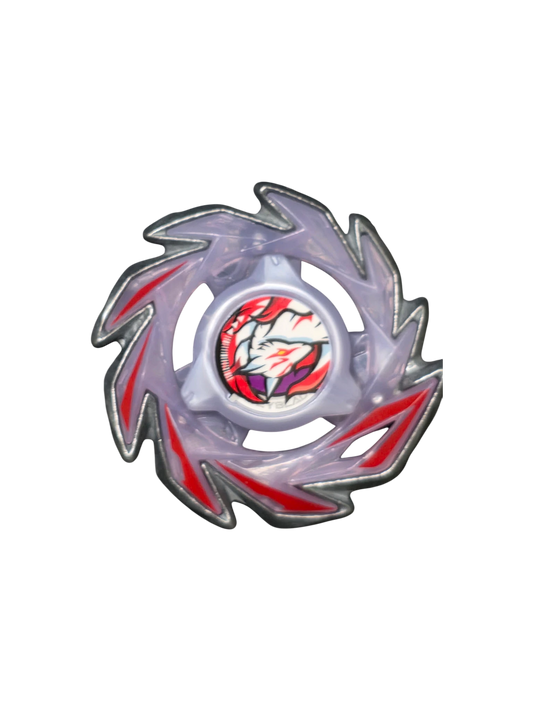 My Store Brush Fox Beyblade X main blade and lock chip in translucent purple with red accents on bubble wrap.