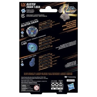 My Store Hasbro Beyblade X Buster Dran 1-60A packaging back showing stats and components for the attack type top