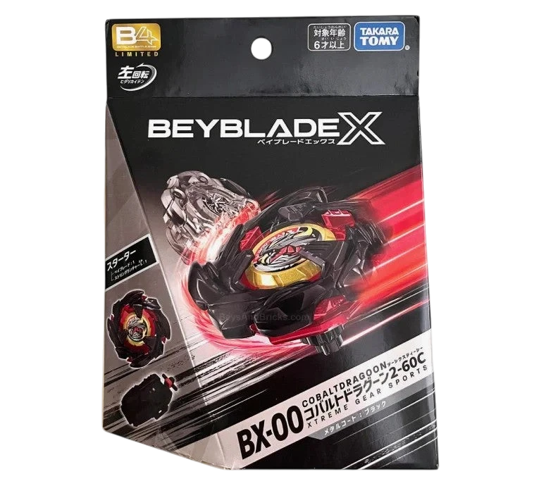 My Store BX-00 Cobalt Dragoon Beyblade X limited edition set with black metal coat and string launcher.
